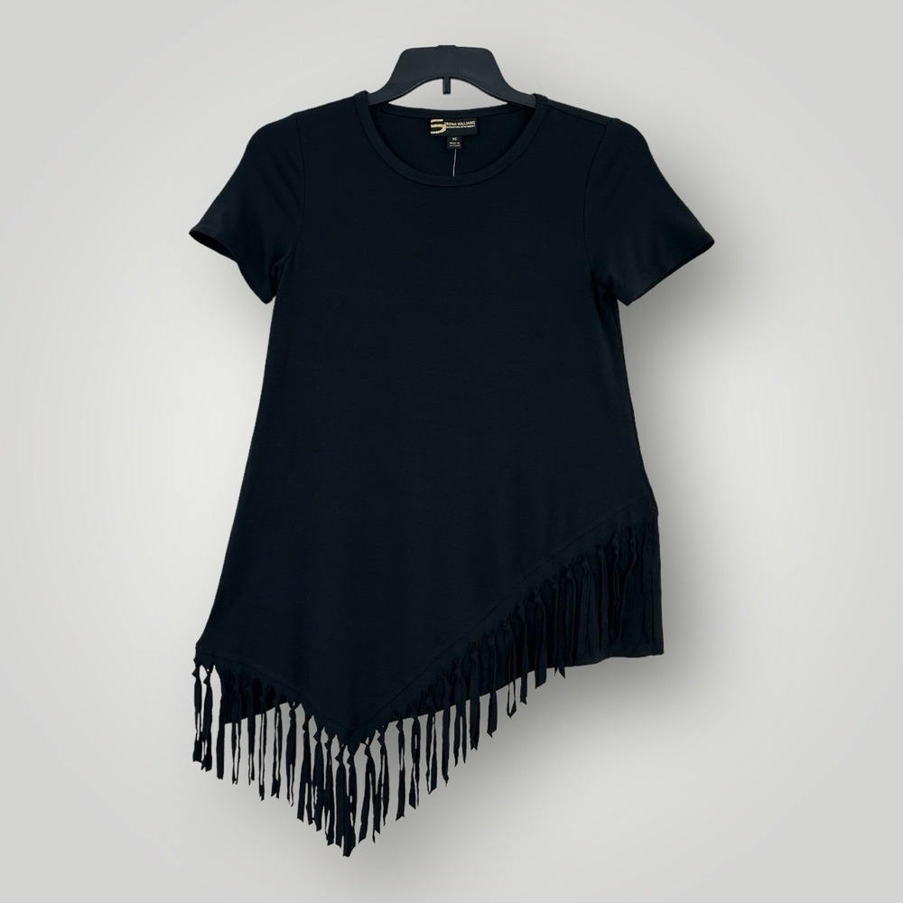NEW Serena Williams Black Short Sleeve Top Fringe Women Size XS Short Sleeve NWT